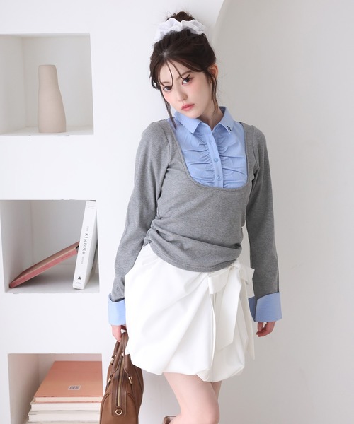 one after another NICE CLAUP（ワンアフターアナザーナイスクラップ）の「レイヤードドッキングトップス（Tシャツ/カットソー・レディース・ベージュ/ネイビー/杢グレー/ブラック・FREE）」の22枚目の写真