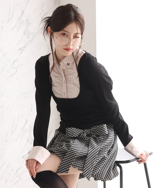 one after another NICE CLAUP（ワンアフターアナザーナイスクラップ）の「レイヤードドッキングトップス（Tシャツ/カットソー・レディース・ベージュ/ネイビー/杢グレー/ブラック・FREE）」の9枚目の写真