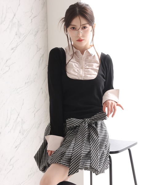 one after another NICE CLAUP（ワンアフターアナザーナイスクラップ）の「レイヤードドッキングトップス（Tシャツ/カットソー・レディース・ベージュ/ネイビー/杢グレー/ブラック・FREE）」の10枚目の写真