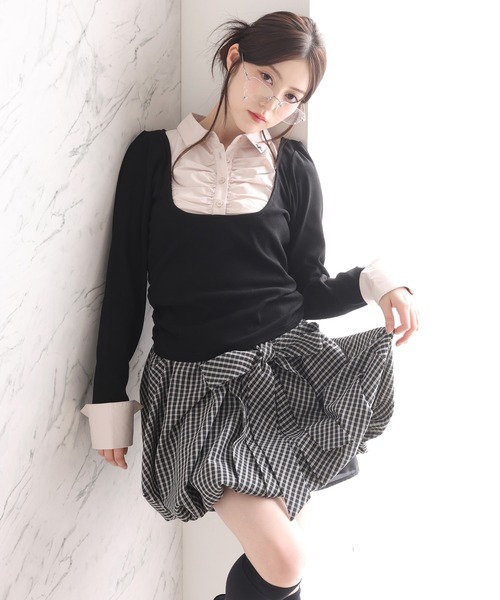 one after another NICE CLAUP（ワンアフターアナザーナイスクラップ）の「レイヤードドッキングトップス（Tシャツ/カットソー・レディース・ベージュ/ネイビー/杢グレー/ブラック・FREE）」の12枚目の写真