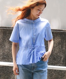 Ray BEAMS | プリーツ キリカエ ハーフスリーブ シャツ /26SS 洗える イージーケア ペプラム ストライプ 夏 通勤 通学 デザイントップス(シャツ/ブラウス)