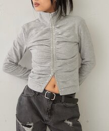 スタッズジップギャザートップス