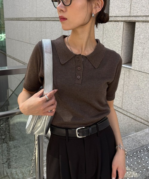 NOGLE(ノグル)の「【NOGLE/ノグル】コンパクトサマーニットポロ(ポロシャツ・レディース・ブルー/グレー/ネイビー/ミント/ブラック/アイボリー/ダークブラウン・FREE)」の4枚目の写真