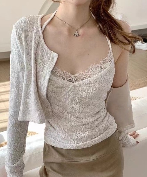 Sibra（シブラ）の「レースキャミ×ショート丈カーディガン 2点セット（Tシャツ/カットソー・レディース・アイボリー・M）」の4枚目の写真