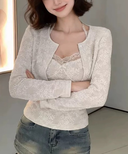 Sibra（シブラ）の「レースキャミ×ショート丈カーディガン 2点セット（Tシャツ/カットソー・レディース・アイボリー・M）」の5枚目の写真