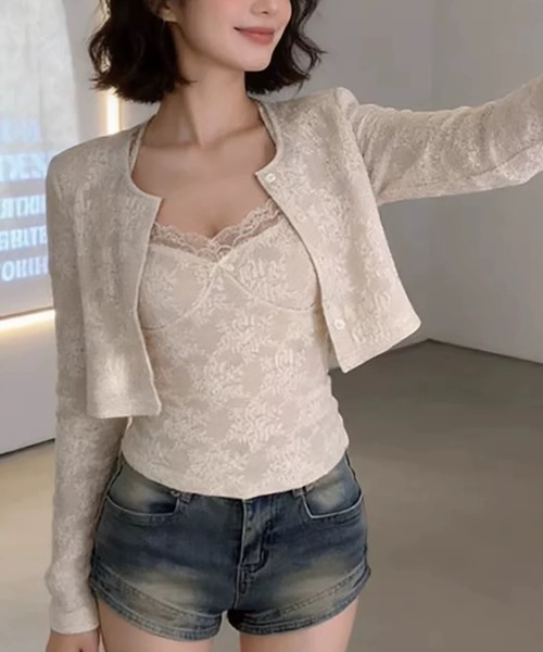 Sibra（シブラ）の「レースキャミ×ショート丈カーディガン 2点セット（Tシャツ/カットソー・レディース・アイボリー・M）」の6枚目の写真