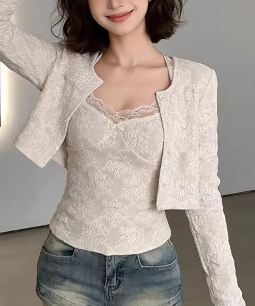 Sibra（シブラ）の「レースキャミ×ショート丈カーディガン 2点セット（Tシャツ/カットソー・レディース・アイボリー・M）」の7枚目の写真