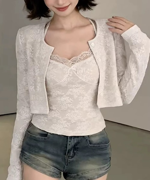 Sibra（シブラ）の「レースキャミ×ショート丈カーディガン 2点セット（Tシャツ/カットソー・レディース・アイボリー・M）」の8枚目の写真