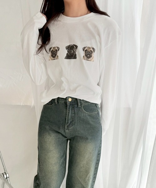 etta(エタ)の「子犬モチーフロンT/長袖Tシャツ(Tシャツ/カットソー・レディース・B/A/ホワイト・MEDIUM/LARGE)」の1枚目の写真
