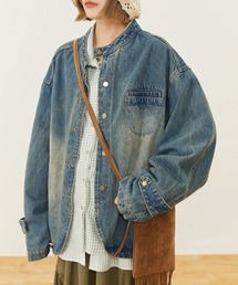 LAC-VERT | 古着風ノーカラーデニムアウター(デニムジャケット)
