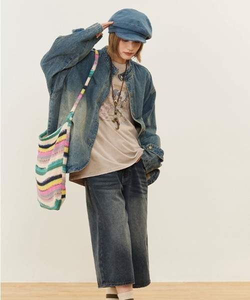 LAC-VERT（ラック・ヴェール）の「古着風ノーカラーデニムアウター（デニムジャケット・レディース・ブルー・LARGE/MEDIUM）」の5枚目の写真