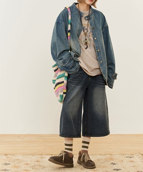 LAC-VERT（ラック・ヴェール）の「古着風ノーカラーデニムアウター（デニムジャケット・レディース・ブルー・LARGE/MEDIUM）」の6枚目の写真