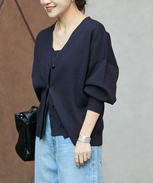 JOURNAL STANDARD（ジャーナルスタンダード）の「コットンシルクミックスVカーディガン（カーディガン/ボレロ・レディース・グレー/ネイビー・FREE）」の4枚目の写真