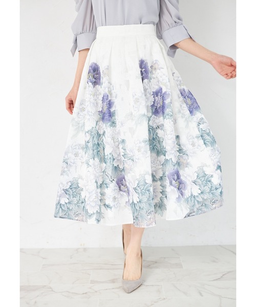 tocco closet(トッコ クローゼット)の「シアージャガードアンティークローズパネル柄フレアスカート(スカート・レディース・ブルー/ピンク・M)」の1枚目の写真