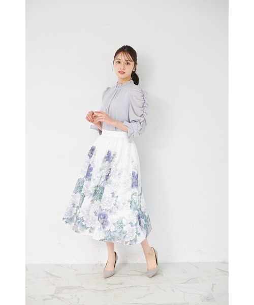 tocco closet(トッコ クローゼット)の「シアージャガードアンティークローズパネル柄フレアスカート(スカート・レディース・ブルー/ピンク・M)」の4枚目の写真