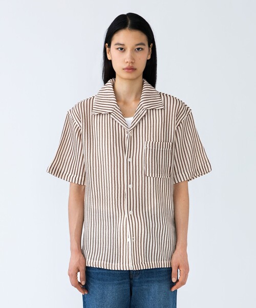 City Ambient Products(シティアンビエントプロダクツ)の「City Ambient Products: オープンカラー メッシュ ストライプ ショートスリーブ シャツ(Tシャツ/カットソー・メンズ・ブラック/ライトブルー/オフホワイト/ナチュラル・SMALL/MEDIUM/LARGE)」の3枚目の写真