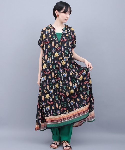 チチカカ（チチカカ）の「メヒコモチーフプリント　ワンピース（ワンピース・レディース・ブラック/ライトグリーン・FREE）」の3枚目の写真