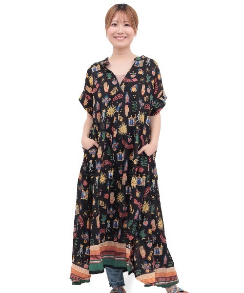 チチカカ（チチカカ）の「メヒコモチーフプリント　ワンピース（ワンピース・レディース・ブラック/ライトグリーン・FREE）」の5枚目の写真