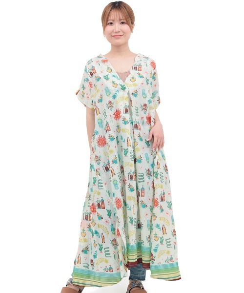 チチカカ（チチカカ）の「メヒコモチーフプリント　ワンピース（ワンピース・レディース・ブラック/ライトグリーン・FREE）」の6枚目の写真