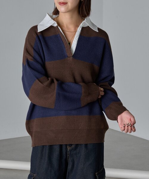 goocy(グーシー)の「バルキーボーダーラガーニット(ニット/セーター・レディース・ブラック/ブラウン・FREE)」の2枚目の写真