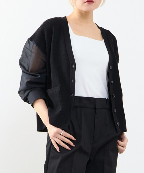 SOFFITTO（ソフィット）の「袖布帛ニットカーディガン（カーディガン/ボレロ・レディース・オフホワイト/ブラック・FREE）」の2枚目の写真
