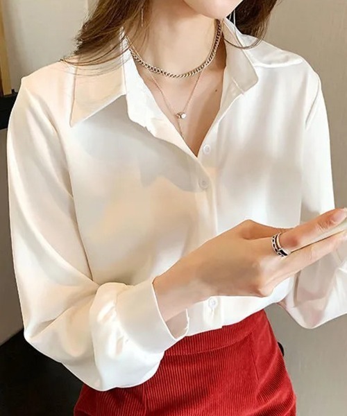Flugge(フラッジー)の「フォーマル無地長袖シャツ(シャツ/ブラウス・レディース・ブルー/ピンク/ブラック/アイボリー/ホワイト・FREE)」の2枚目の写真