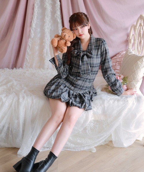 Anely（アネリー）の「Anely チェック柄 ボウタイリボン ティアード ミニワンピース（ワンピース・レディース・ブラウン/ブラック・FREE）」の15枚目の写真