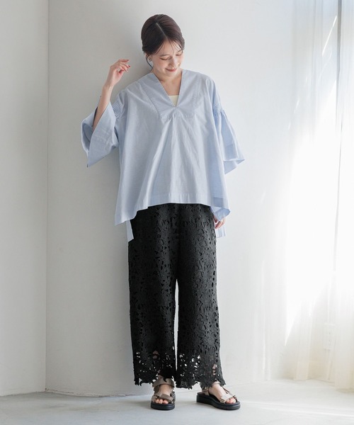 studio CLIP(スタディオクリップ)の「コットンリネン袖ギャザーVネックブラウス(Tシャツ/カットソー・レディース・クリーム/ライトブルー/オレンジ・FREE)」の15枚目の写真