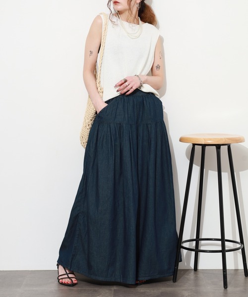 atONE（アットワン）の「エアリーデニムタックワイドパンツ（デニムパンツ・レディース・ネイビー/ワンウォッシュ・M/L/LL/3L/4L）」の18枚目の写真