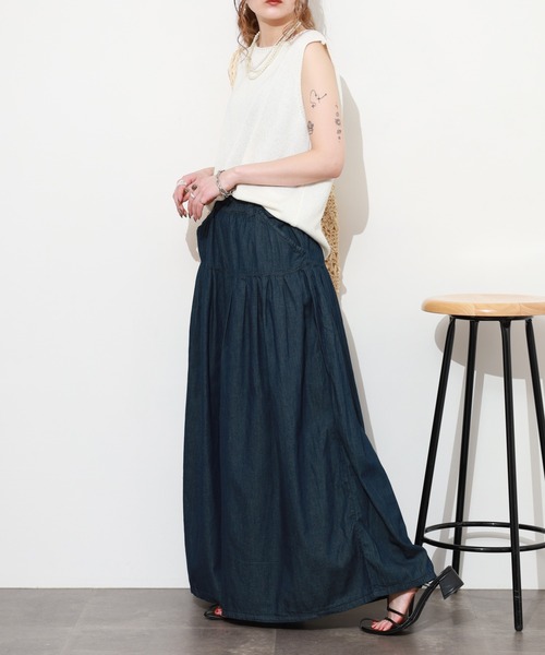 atONE（アットワン）の「エアリーデニムタックワイドパンツ（デニムパンツ・レディース・ネイビー/ワンウォッシュ・M/L/LL/3L/4L）」の19枚目の写真