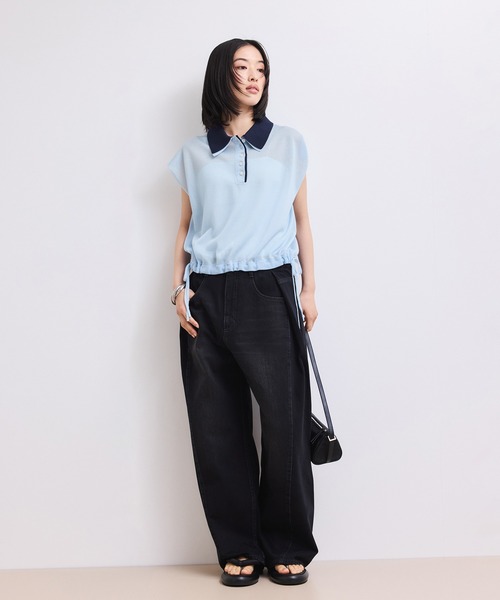 ADAM ET ROPE'(アダムエロペ)の「【WEB限定】ダブルカラーポロニットプルオーバー(ポロシャツ・レディース・サックスブルー/ホワイト系その他5/ブラック・FREE)」の6枚目の写真