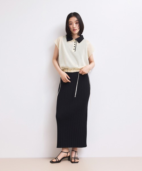 ADAM ET ROPE'(アダムエロペ)の「【WEB限定】ダブルカラーポロニットプルオーバー(ポロシャツ・レディース・サックスブルー/ホワイト系その他5/ブラック・FREE)」の7枚目の写真