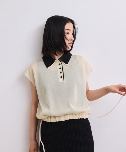 ADAM ET ROPE'(アダムエロペ)の「【WEB限定】ダブルカラーポロニットプルオーバー(ポロシャツ・レディース・サックスブルー/ホワイト系その他5/ブラック・FREE)」の14枚目の写真