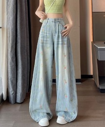 フラワー刺繍ワイドデニムパンツ