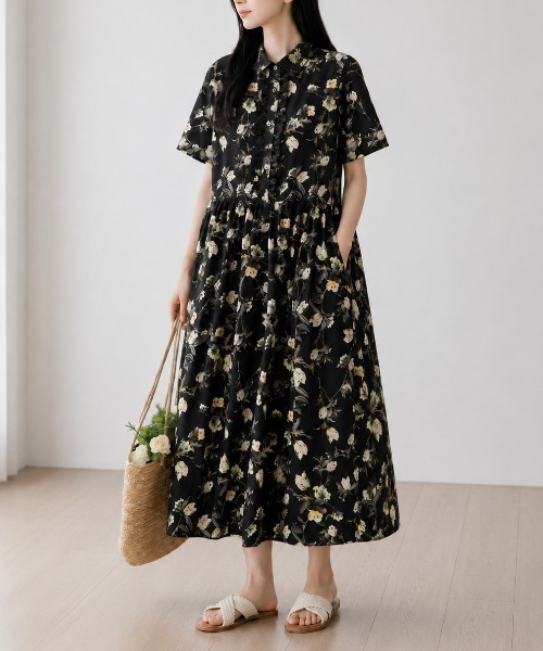 &soiree(アンドソワレ)の「ボタニカル柄フレアシャツワンピース(ワンピース・レディース・ブラック・MEDIUM/LARGE/X-LARGE)」の6枚目の写真