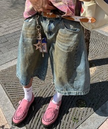 クラッシュダメージ加工ワイドデニムハーフパンツ（デニムパンツ
