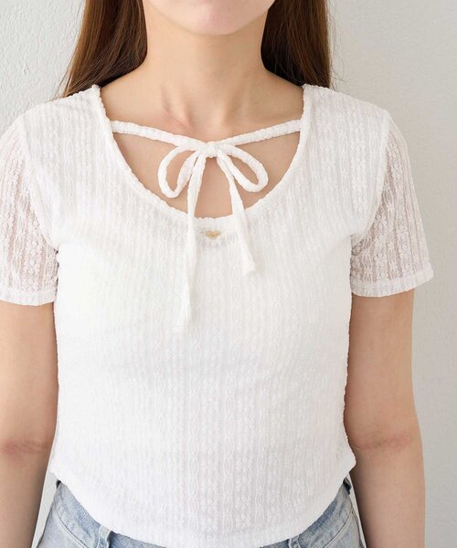 Belle Charme(ベルシャルム)の「【Belle Charme】Heart Charm Lace Short Tops(Tシャツ/カットソー・レディース・オフホワイト/ブラック・FREE)」の5枚目の写真