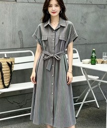 半袖ストライプシャツワンピース