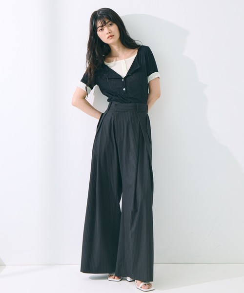 STUDIOUS（ステュディオス）の「【STUDIOUS/ステュディオス】Flap Cargo Wide Pants/フラップカーゴワイドパンツ/ウォッシャブル/オフィスカジュアル/脚長効果/腰回りカバー/ウエストゴム（カーゴパンツ・レディース・ベージュ/ストライプ・1/2/3）」の21枚目の写真
