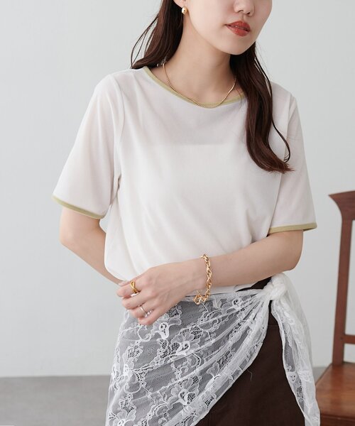 DISCOAT(ディスコート)の「ベロアバイカラー半袖プルオーバー(Tシャツ/カットソー・レディース・オレンジ系その他/アイボリー/ブラウン・FREE)」の6枚目の写真