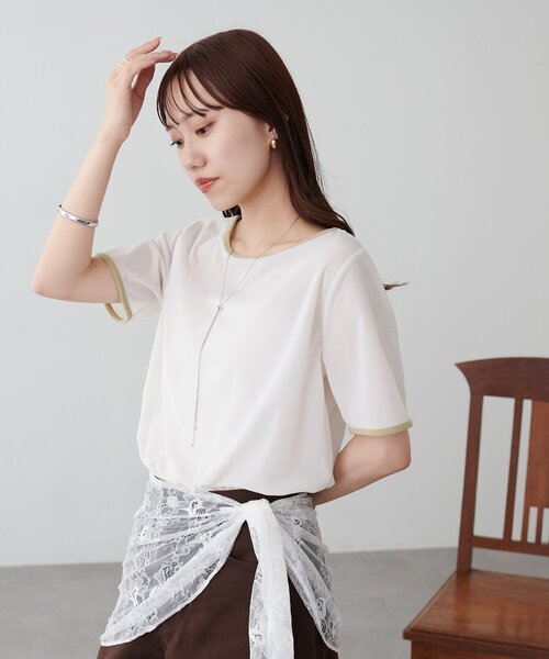 DISCOAT(ディスコート)の「ベロアバイカラー半袖プルオーバー(Tシャツ/カットソー・レディース・オレンジ系その他/アイボリー/ブラウン・FREE)」の7枚目の写真