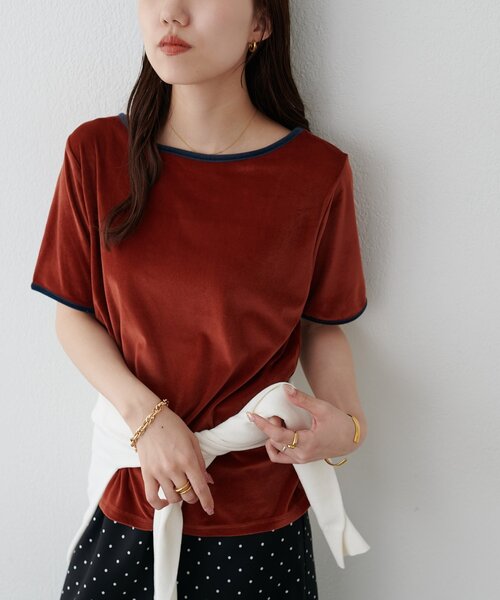 DISCOAT(ディスコート)の「ベロアバイカラー半袖プルオーバー(Tシャツ/カットソー・レディース・オレンジ系その他/アイボリー/ブラウン・FREE)」の8枚目の写真