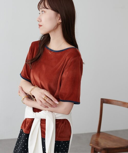 DISCOAT(ディスコート)の「ベロアバイカラー半袖プルオーバー(Tシャツ/カットソー・レディース・オレンジ系その他/アイボリー/ブラウン・FREE)」の9枚目の写真