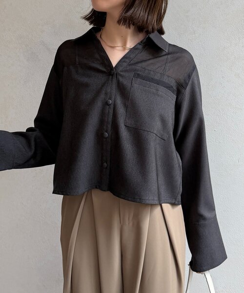 Thevon(ゼボン)の「シアー切替デニムライクショートシャツ(シャツ/ブラウス・レディース・インディゴブルー/ブラック・FREE)」の3枚目の写真
