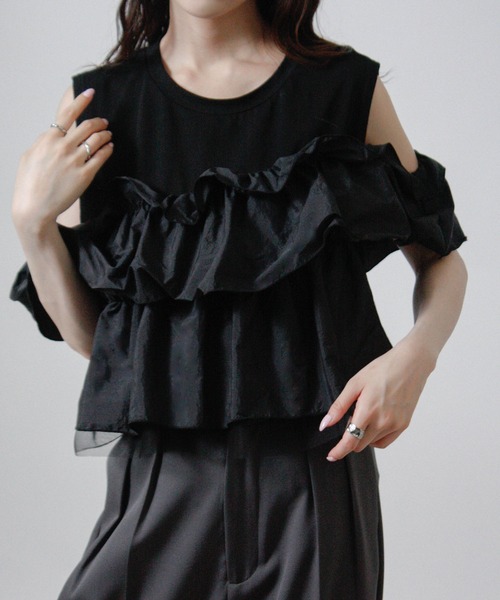 NYLAUS(ナイラス)の「【SG】3WAY フリルトップス ノースリーブ Tシャツ 異素材(Tシャツ/カットソー・レディース・ブラック/オフホワイト・M)」の2枚目の写真
