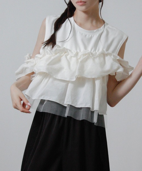 NYLAUS(ナイラス)の「【SG】3WAY フリルトップス ノースリーブ Tシャツ 異素材(Tシャツ/カットソー・レディース・ブラック/オフホワイト・M)」の6枚目の写真