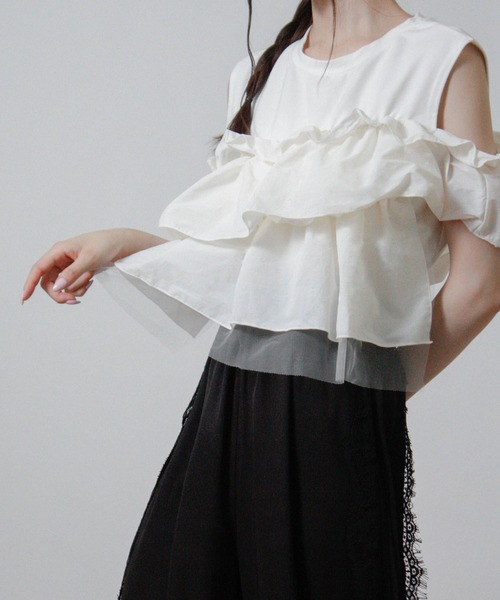 NYLAUS(ナイラス)の「【SG】3WAY フリルトップス ノースリーブ Tシャツ 異素材(Tシャツ/カットソー・レディース・ブラック/オフホワイト・M)」の8枚目の写真