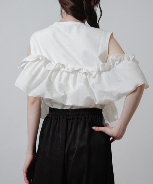 NYLAUS(ナイラス)の「【SG】3WAY フリルトップス ノースリーブ Tシャツ 異素材(Tシャツ/カットソー・レディース・ブラック/オフホワイト・M)」の9枚目の写真