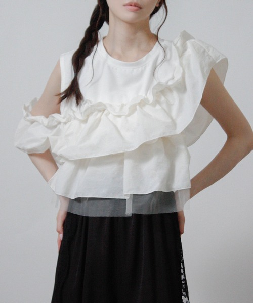 NYLAUS(ナイラス)の「【SG】3WAY フリルトップス ノースリーブ Tシャツ 異素材(Tシャツ/カットソー・レディース・ブラック/オフホワイト・M)」の10枚目の写真