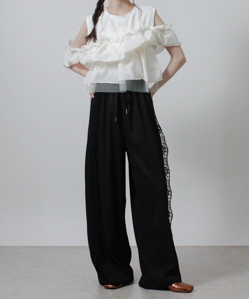 NYLAUS(ナイラス)の「【SG】3WAY フリルトップス ノースリーブ Tシャツ 異素材(Tシャツ/カットソー・レディース・ブラック/オフホワイト・M)」の12枚目の写真